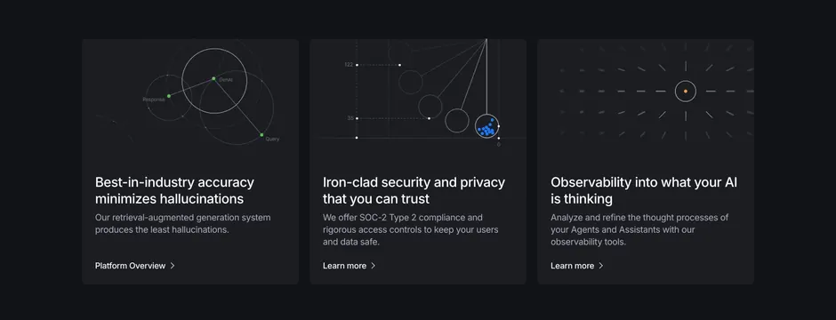 Vectara three-card features with data-viz art, dark-mode, technical, dark