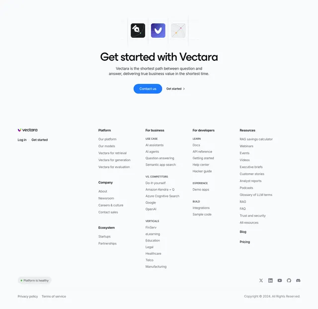 Vectara Footer Section, light-mode, minimal, light