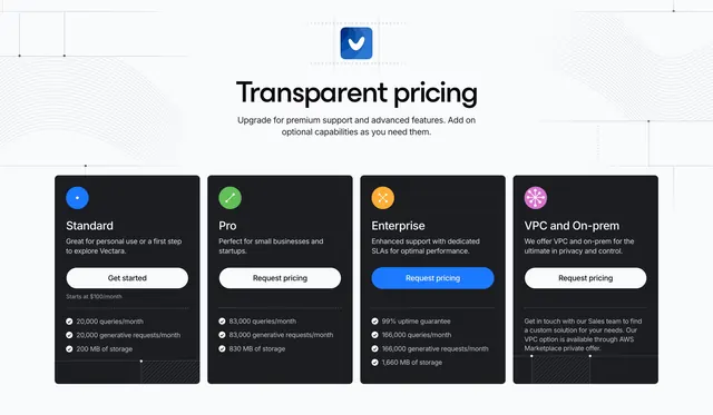 Vectara Pricing Section, light-mode, minimal, light