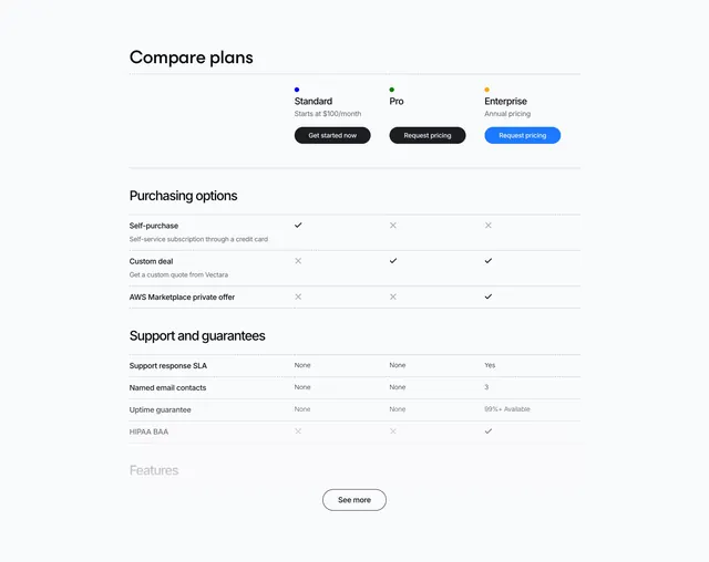 Vectara Pricing Table Section, light-mode, minimal, light