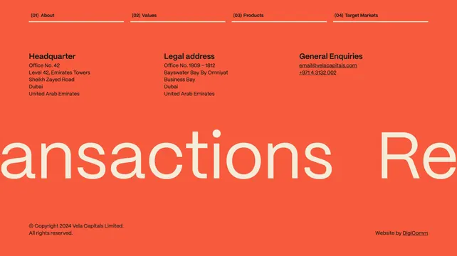 Vela Capitals orange typographic footer, minimal, swiss, vibrant