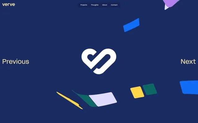 Verve dark portfolio hero with floating shapes, minimal, dark-mode, dark