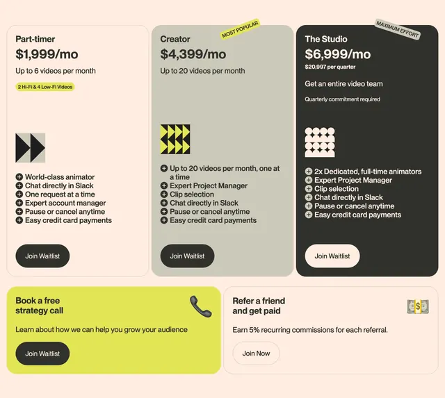 Viral Cuts subscription pricing cards, minimal, swiss, light