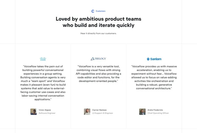 Voiceflow Testimonials Section, light-mode, minimal, light