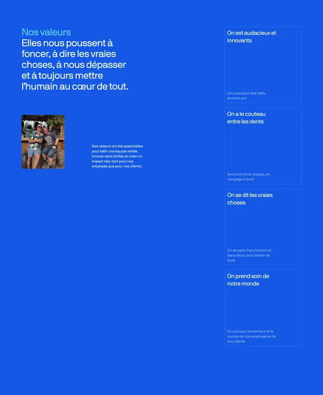 Vooban values cards on blue, minimal, corporate-clean, vibrant