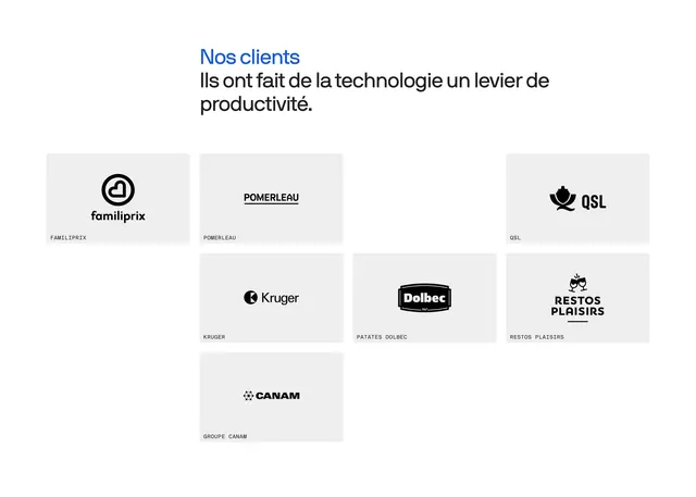 Vooban staggered client logo grid, minimal, swiss, light
