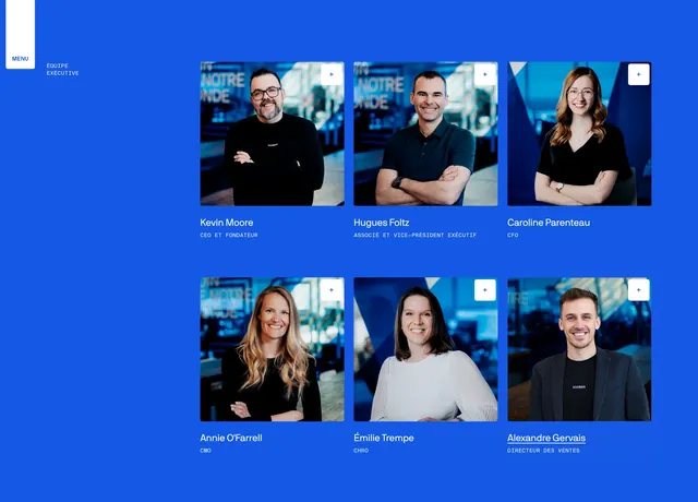 Vooban executive team grid on blue, minimal, corporate-clean, vibrant