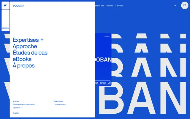 Vooban full-screen sidebar navigation, minimal, corporate-clean, vibrant