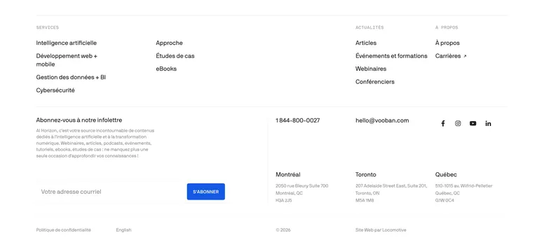 Vooban multi-column corporate footer, minimal, swiss, light