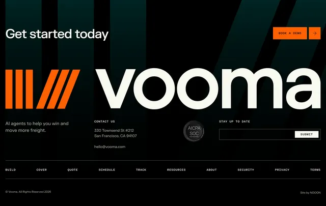 Vooma dark oversized-logo footer, minimal, dark-mode, dark