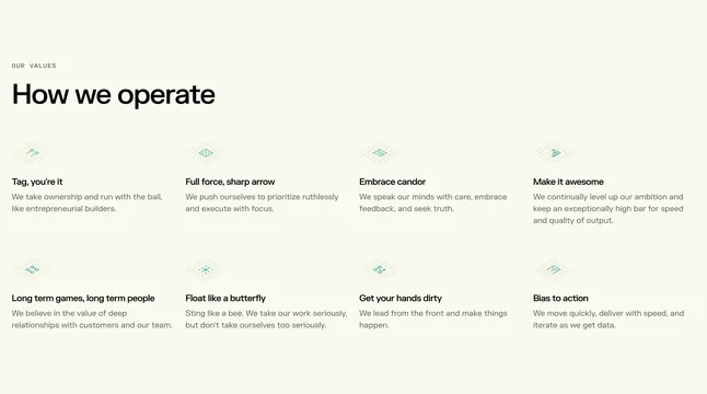 Vooma eight-value culture grid, minimal, corporate-clean, light