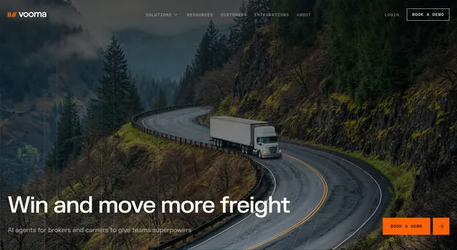 Vooma cinematic freight AI hero, minimal, photographic, dark