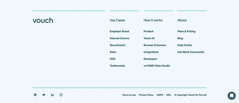 Vouch four-column SaaS footer, minimal, corporate-clean, light
