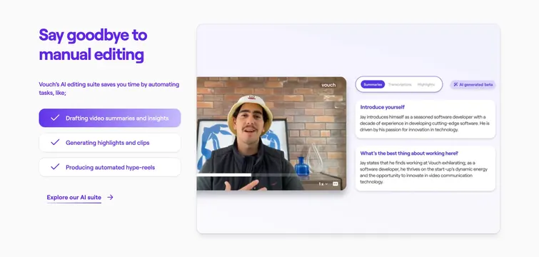 Vouch AI editing feature split, minimal, corporate-clean, light