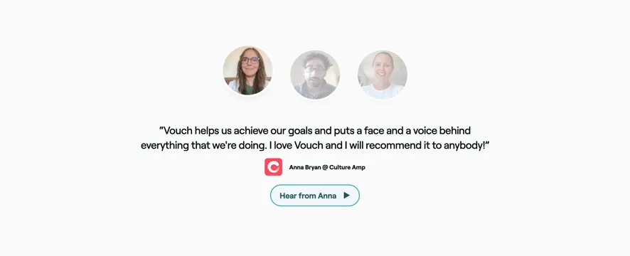 Vouch centered testimonial with video CTA, minimal, corporate-clean, light