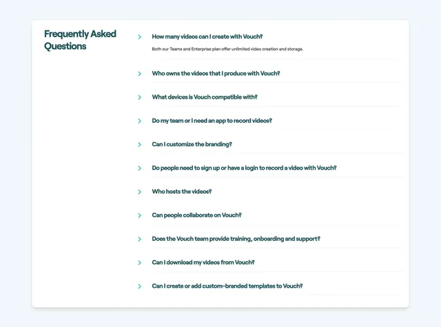 Vouch split FAQ accordion, minimal, corporate-clean, light