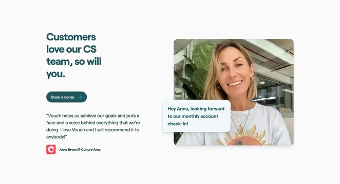 Vouch pricing page CS testimonial, minimal, corporate-clean, light