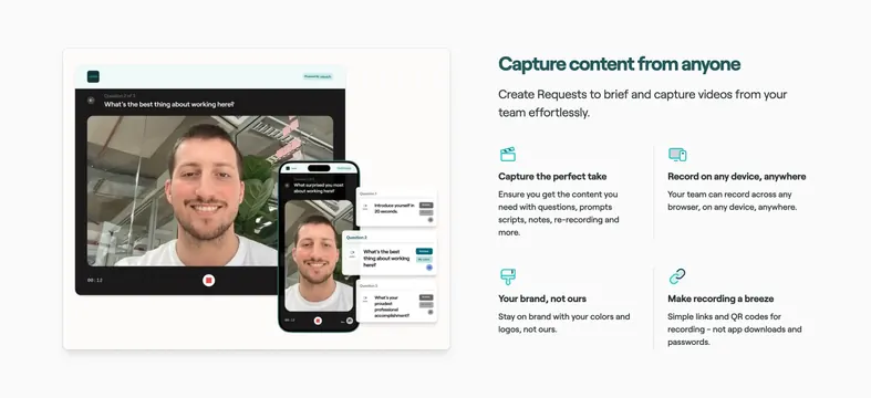 Vouch video capture features section, minimal, corporate-clean, light