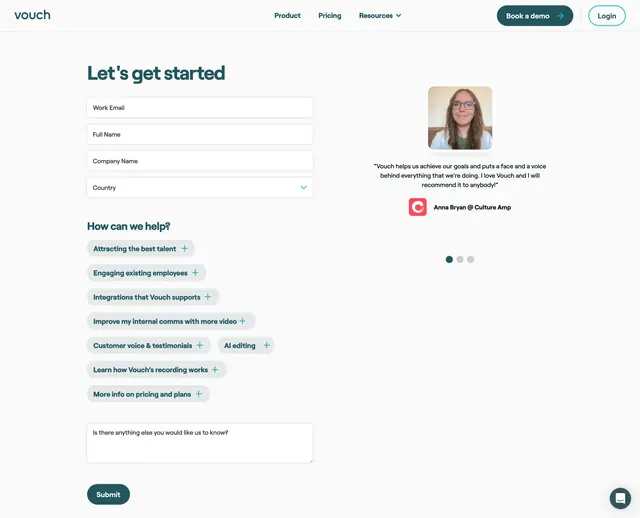Vouch book-a-demo contact hero, minimal, corporate-clean, light
