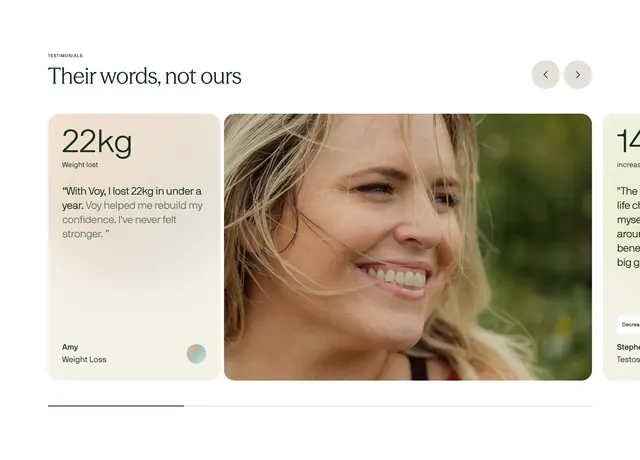 Voy testimonial carousel with metrics, minimal, editorial, light