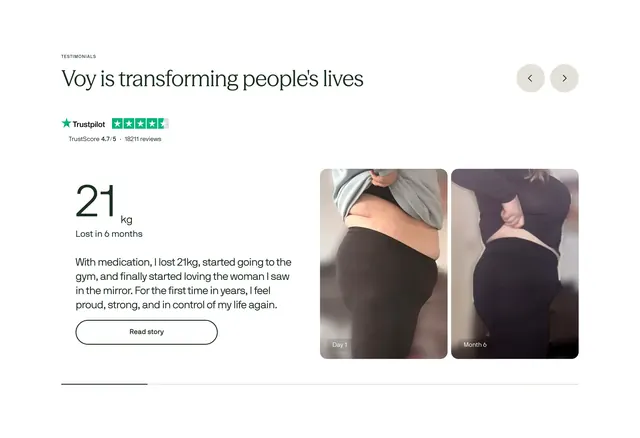 Voy before-and-after testimonial carousel, minimal, editorial, light