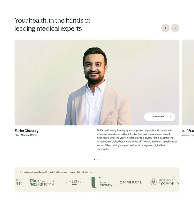 Voy medical expert carousel with university partners, minimal, corporate-clean, light