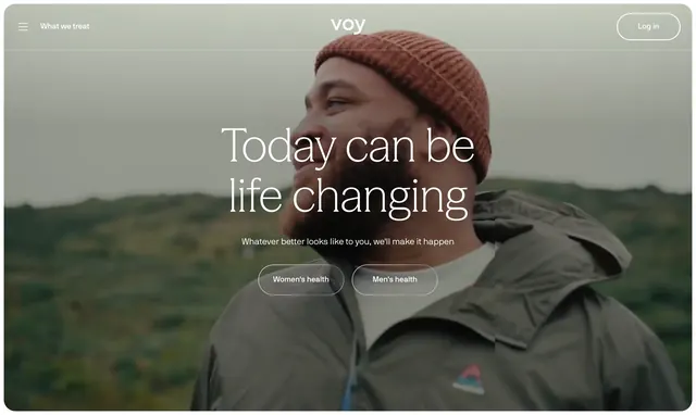 Voy full-bleed lifestyle healthcare hero, minimal, editorial, light