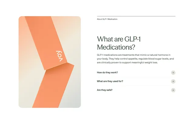 Voy GLP-1 medication explainer with FAQ, minimal, editorial, light