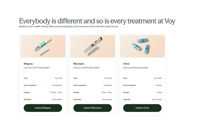 Voy three-column treatment comparison cards, minimal, corporate-clean, light