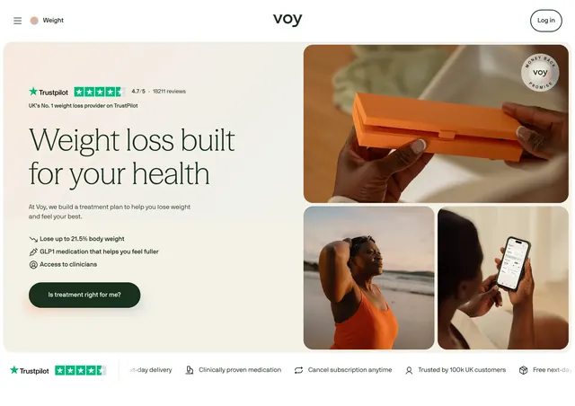 Voy weight loss split hero with image collage, minimal, editorial, light