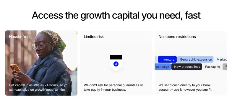 Wayflyer capital feature three-card grid, minimal, light-mode, light