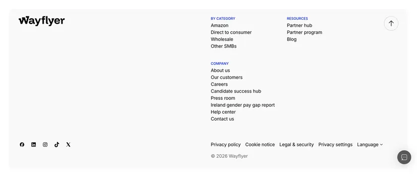 Wayflyer company footer in rounded container, minimal, light-mode, light