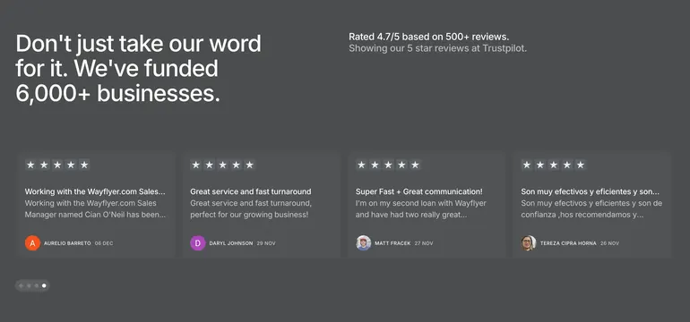 Wayflyer dark Trustpilot testimonial carousel, dark-mode, minimal, dark
