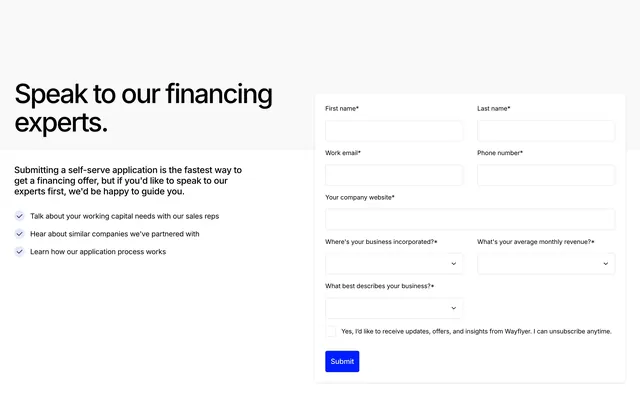 Wayflyer financing expert contact form, minimal, light-mode, light