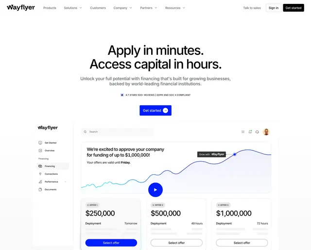Wayflyer financing hero with dashboard mockup, minimal, light-mode, light