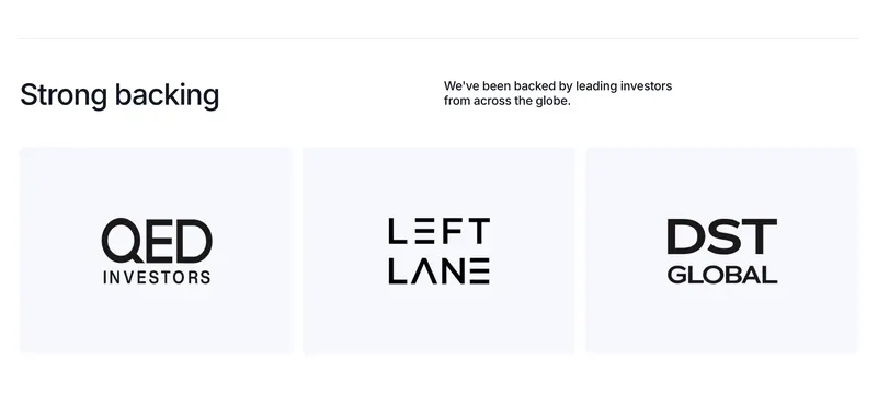 Wayflyer investor backing logo cards, minimal, light-mode, light