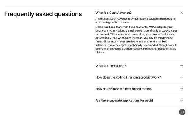 Wayflyer support FAQ accordion, minimal, light-mode, light