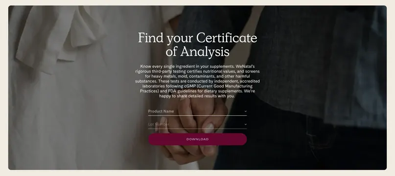 WeNatal certificate of analysis CTA, minimal, editorial, dark