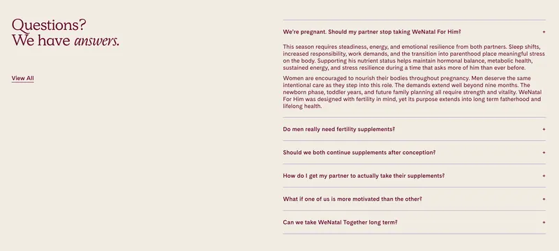 WeNatal partner FAQ accordion, minimal, editorial, light
