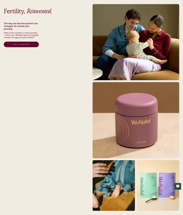 WeNatal fertility reinvented hero CTA, minimal, editorial, light