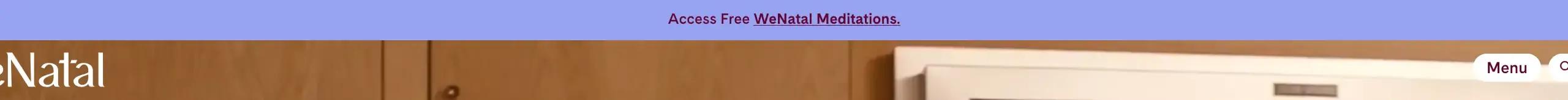 WeNatal transparent navbar with announcement bar, minimal, editorial, light