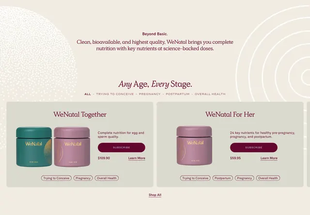 WeNatal nutrition product grid with stage filters, minimal, editorial, light