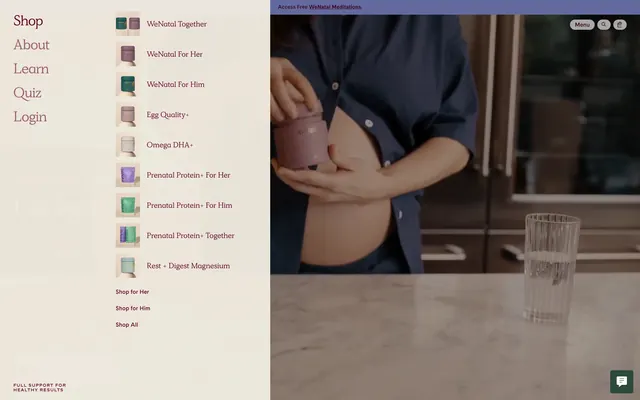 WeNatal mega menu with product thumbnails, minimal, light-mode, light