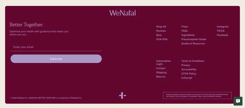 WeNatal rounded footer with newsletter signup, minimal, dark-mode, dark
