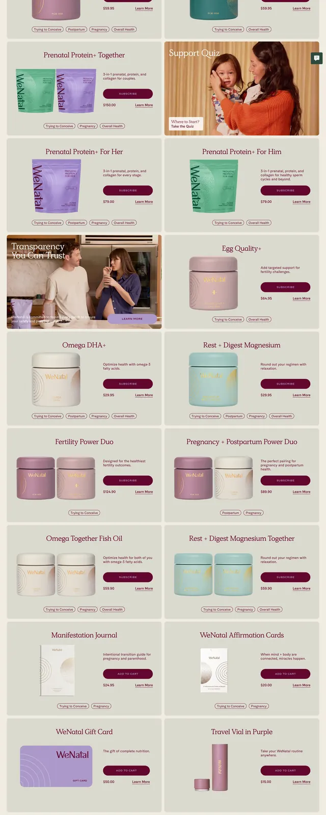 WeNatal filterable supplement product grid, minimal, light-mode, light