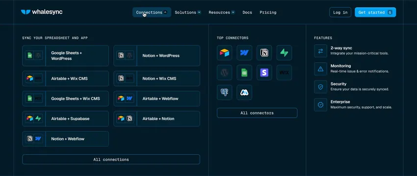 Whalesync dark mega menu for connections, dark-mode, minimal, dark