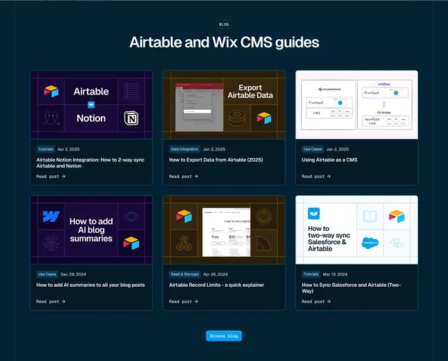 Whalesync dark blog posts 3x2 grid, dark-mode, minimal, dark