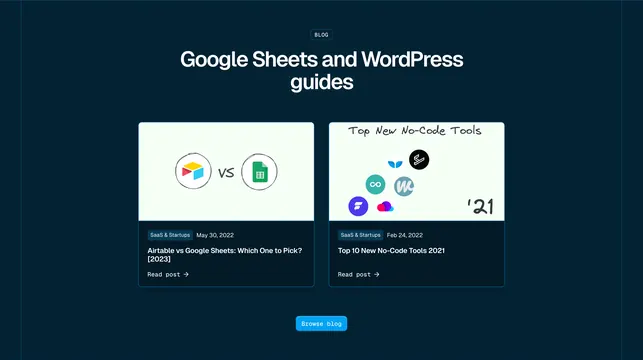 Whalesync blog section with two featured posts, dark-mode, minimal, dark