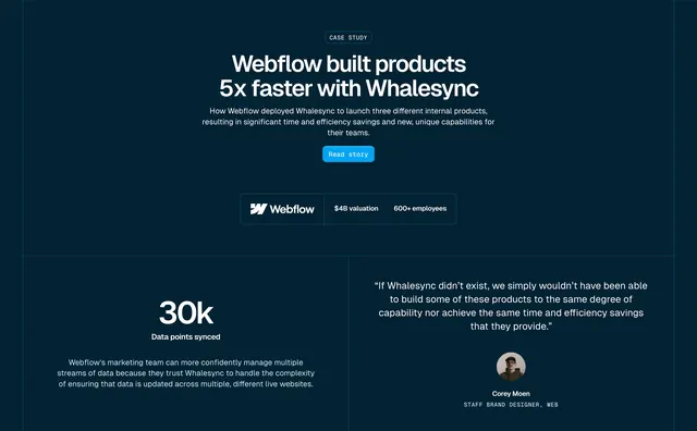 Whalesync Webflow case study hero with proof split, dark-mode, minimal, dark