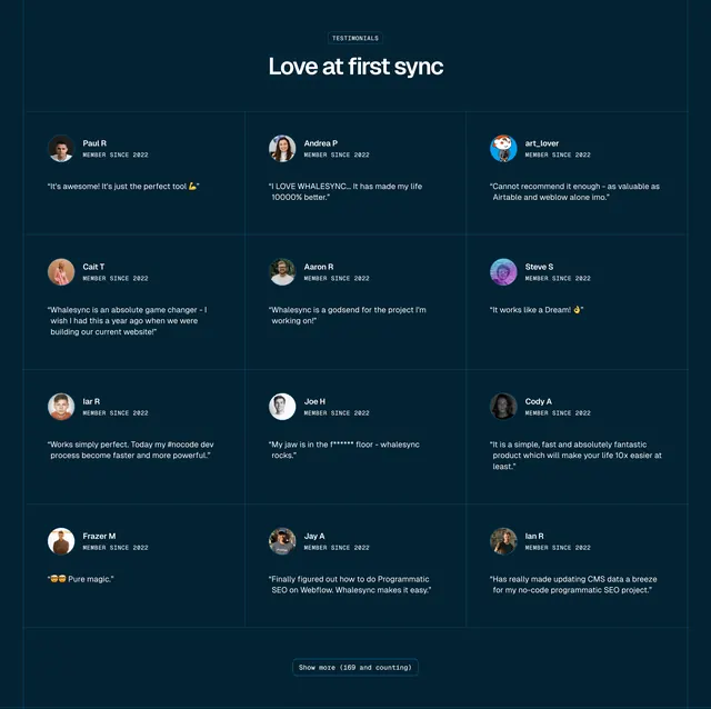 Whalesync dark testimonial grid with show more, dark-mode, minimal, dark